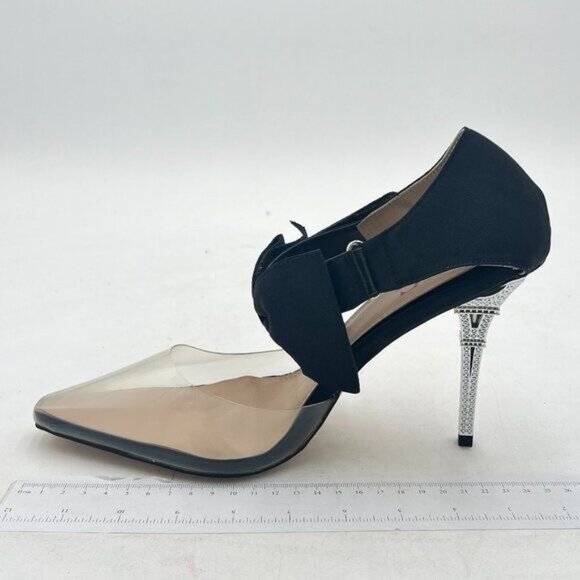 Black Pointed Toe High Heels Ankle Strap Bow Clear Pumps D'Orsay Shoe Dress Wear - Picture 1 of 6